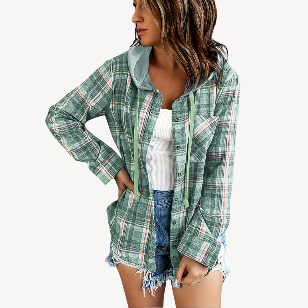 Women's Plaid Button-Down Shirt Jacket with Hood | Loravelle