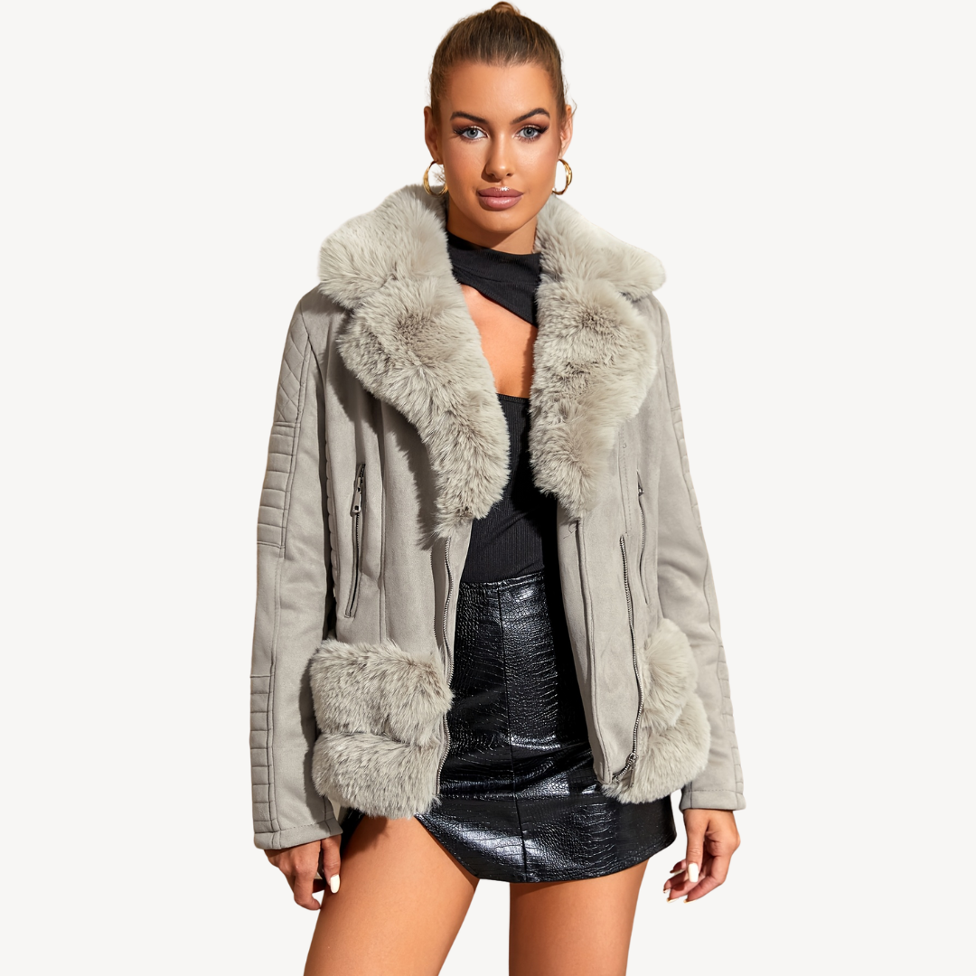 Women's Faux Fur Shearling Biker Jacket Brown | Loravelle