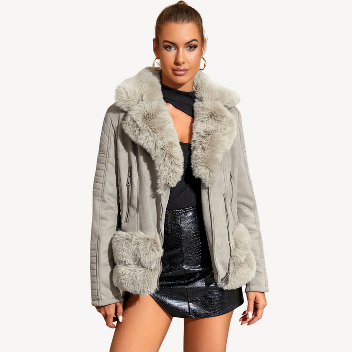 Women's Faux Fur Shearling Biker Jacket Brown | Loravelle