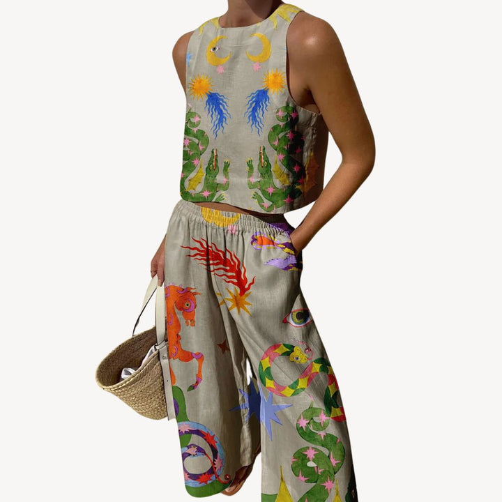 Celestial Print Linen Blend Two Piece Set Women | Loravelle