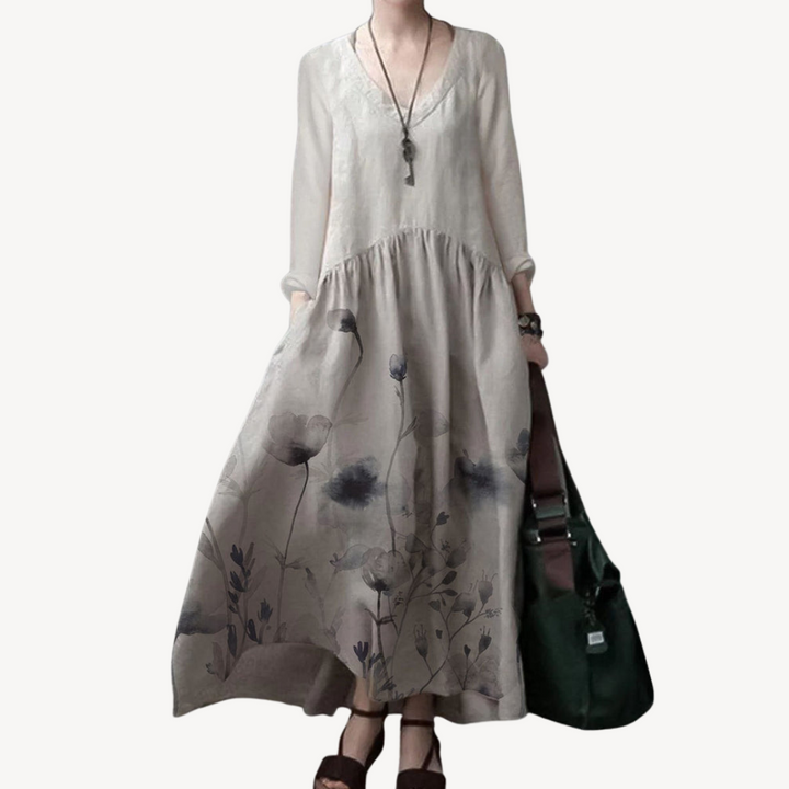 Linen Maxi Dress Women V-Neck Long Sleeve | Loravelle
