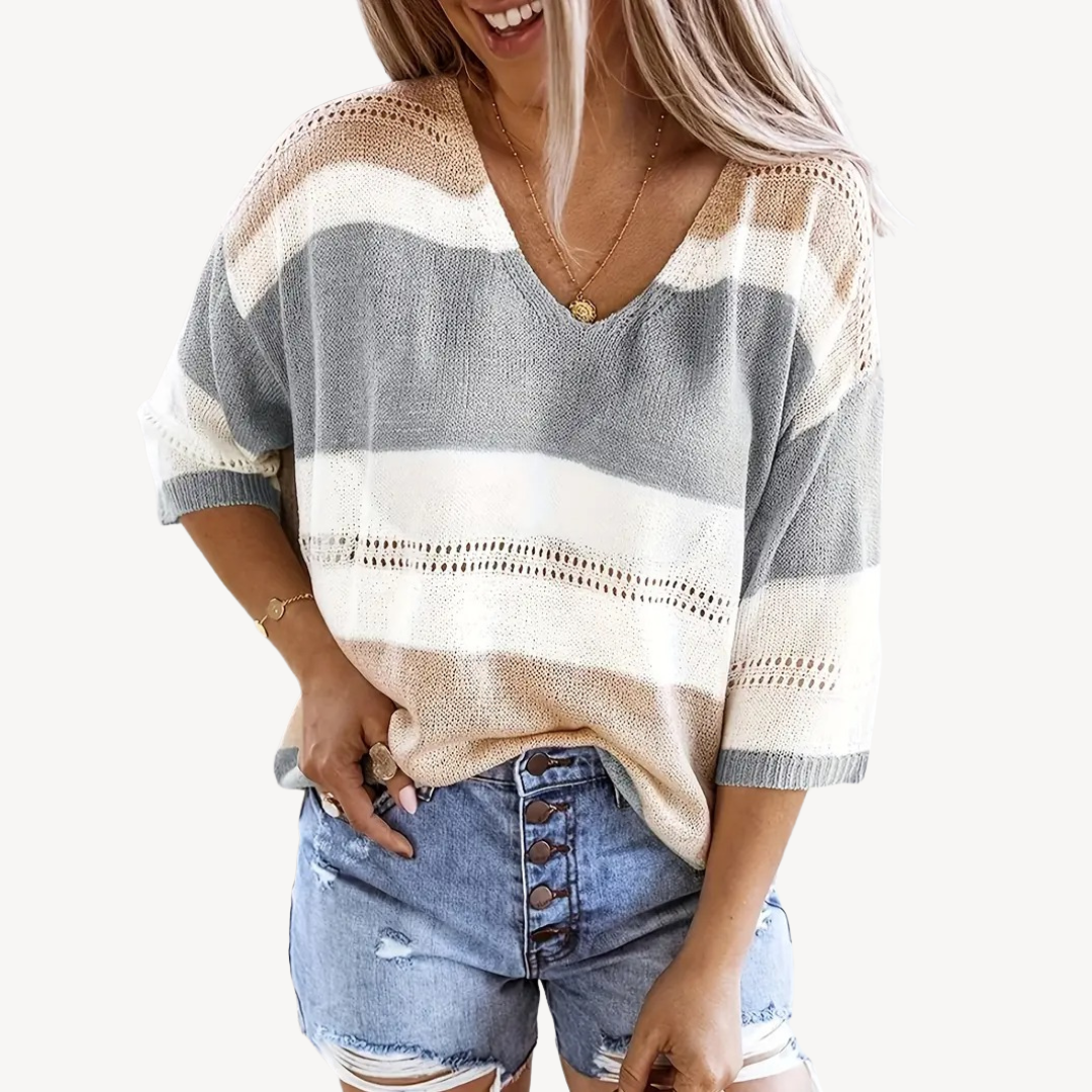Striped V-neck Knit Top | Loravelle