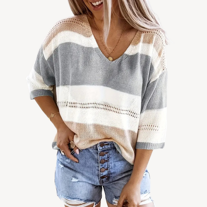 Striped V-neck Knit Top | Loravelle
