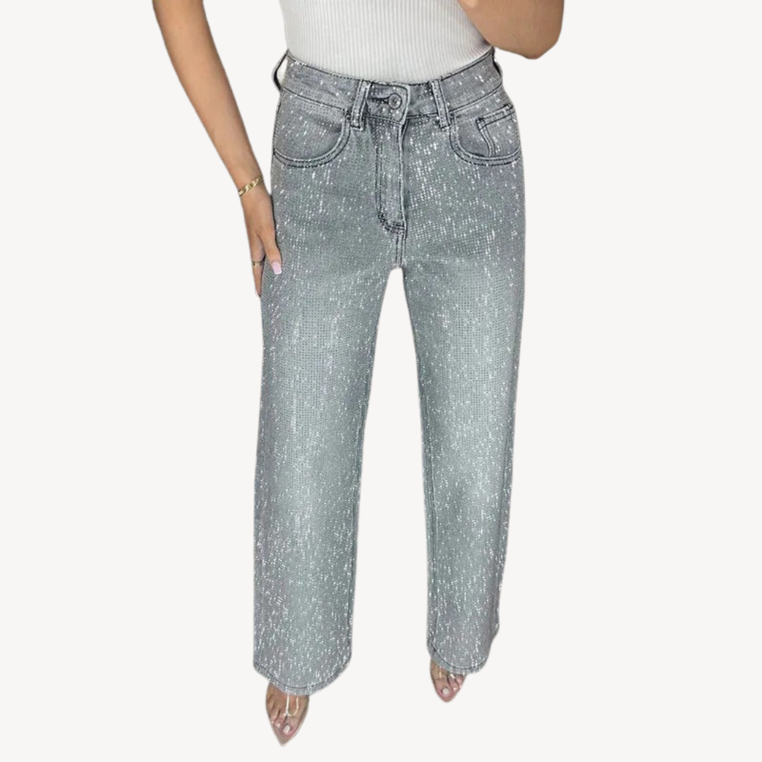 Rhinestone Studded High-Waisted Jeans | Loravelle  Product Description:
