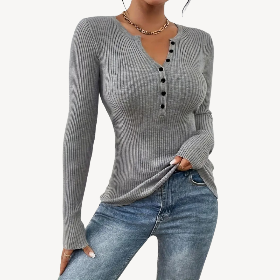 Ribbed Button Henley Top for Women | Loravelle