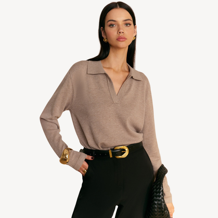 Knit Long Sleeve Polo V-Neck Sweater Women | Loravelle