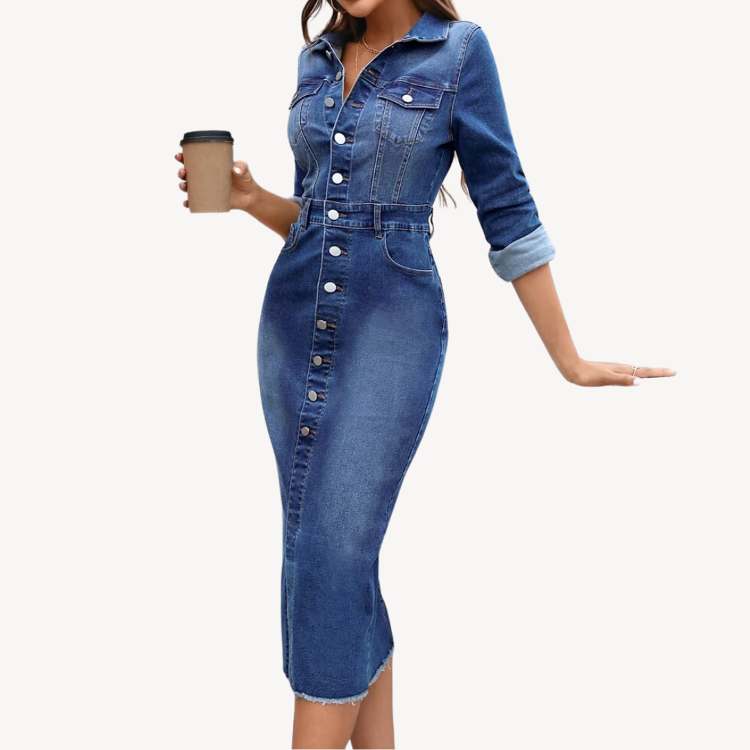 Loravelle | Women's Denim Midi Dress – Button-Up, Long Sleeve