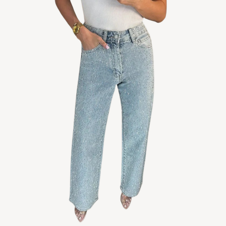 Rhinestone Studded High-Waisted Jeans | Loravelle  Product Description: