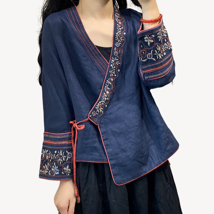 Women's Embroidered Linen Blend Kimono Jacket | Loravelle