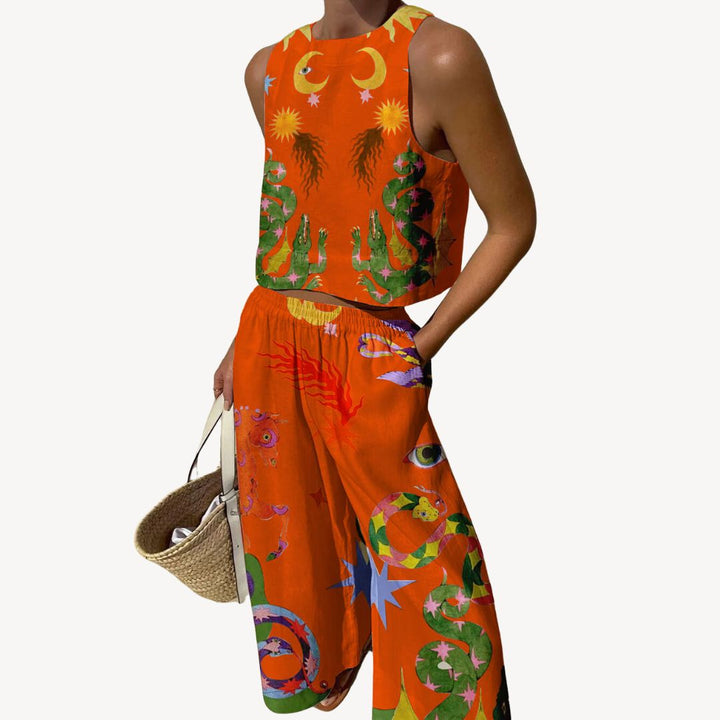 Celestial Print Linen Blend Two Piece Set Women | Loravelle
