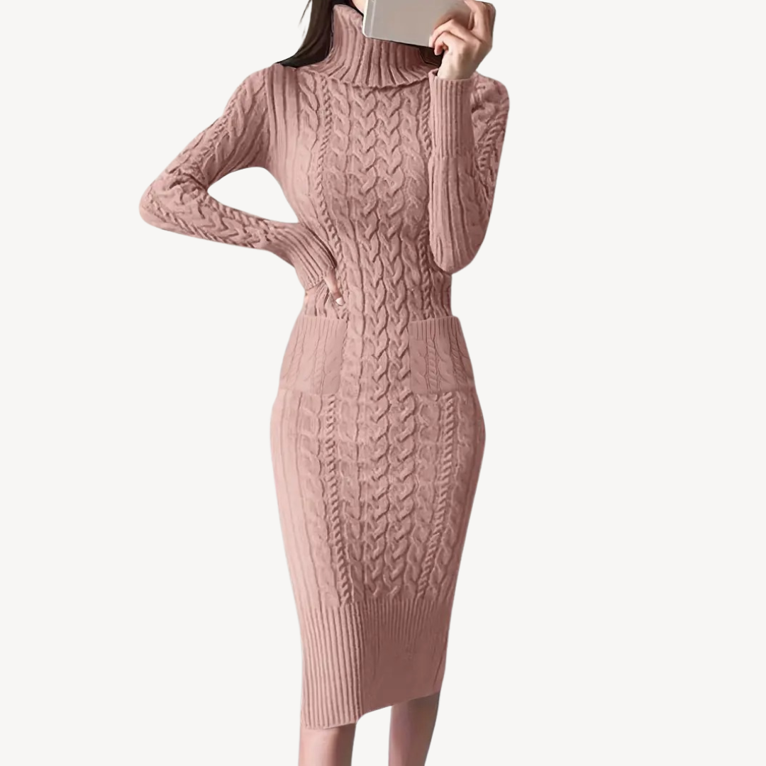 Knit Cable Turtleneck Sweater Dress | Loravelle