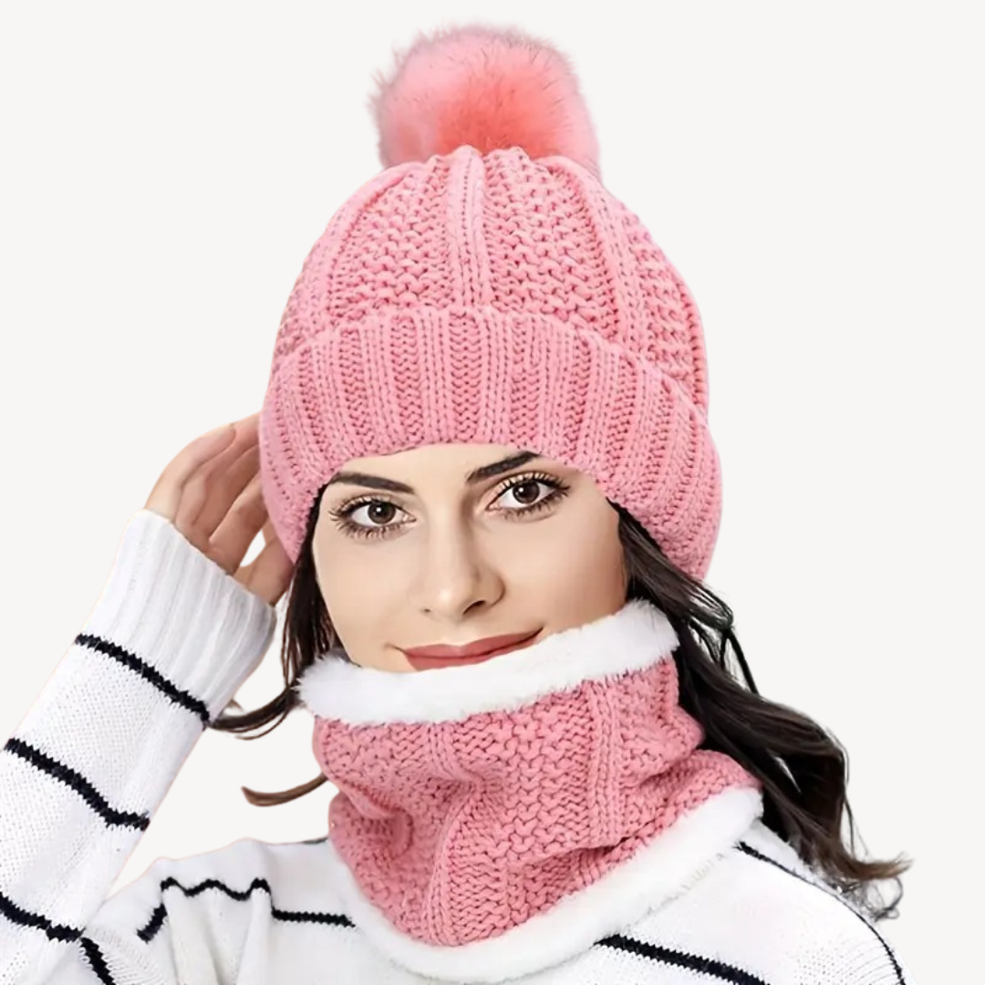 Knitted Pom Pom Beanie & Scarf Set for Women Soft Wool | Loravelle
