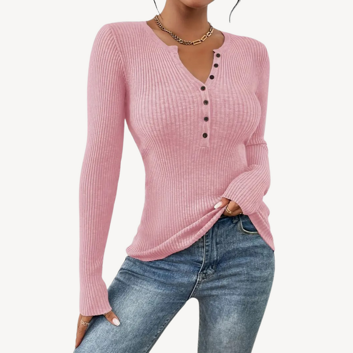 Ribbed Button Henley Top for Women | Loravelle