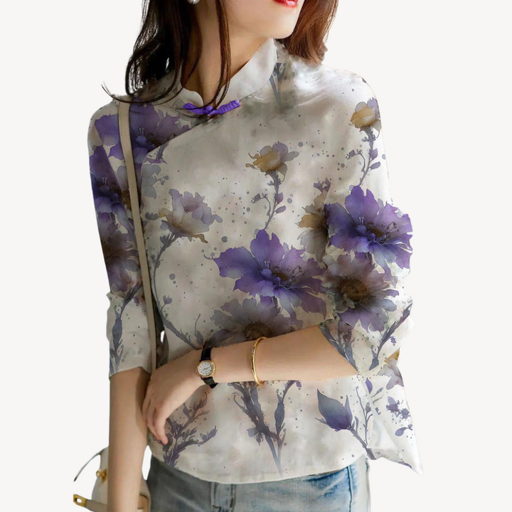Women's Embroidered Linen Blend Mandarin Blouse | Loravelle
