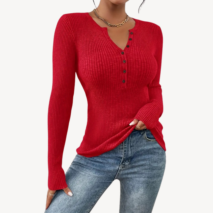 Ribbed Button Henley Top for Women | Loravelle