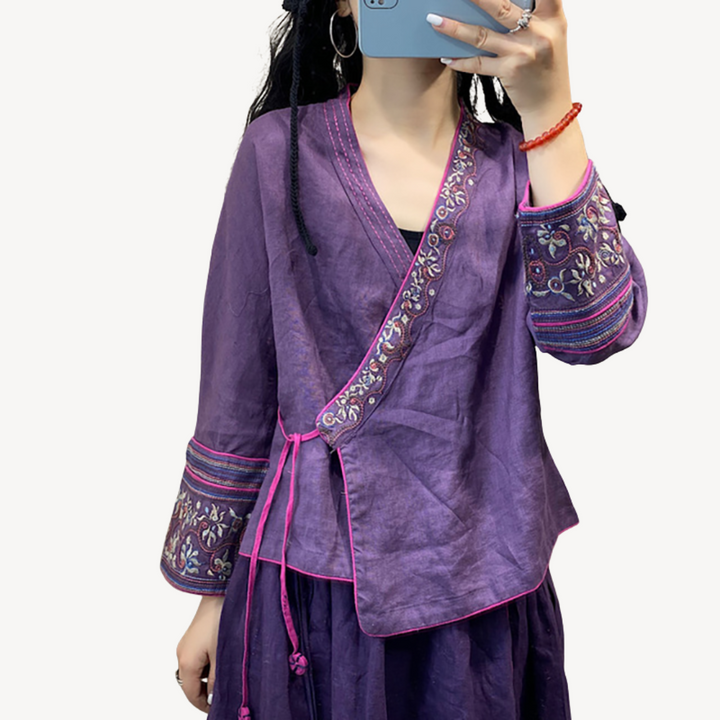 Women's Embroidered Linen Blend Kimono Jacket | Loravelle