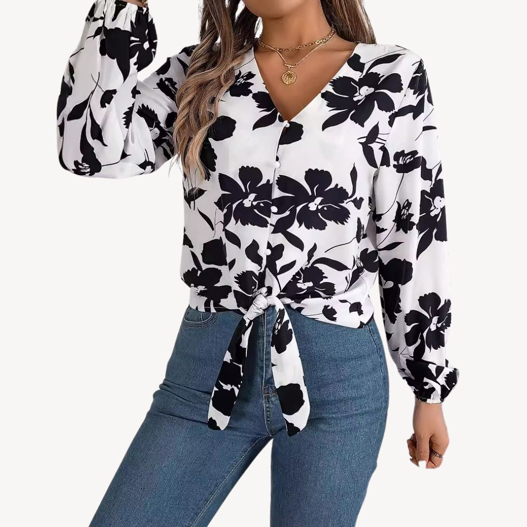 Floral V-Neck Blouse Long Sleeve | Loravelle