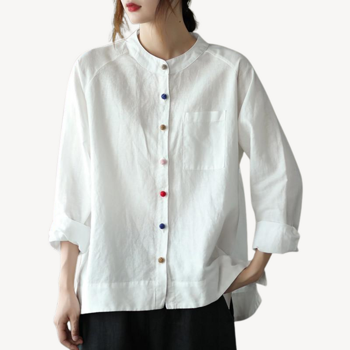 Women's Linen Blend Mandarin Collar Shirt | Loravelle