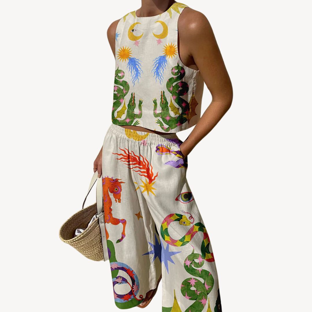 Celestial Print Linen Blend Two Piece Set Women | Loravelle
