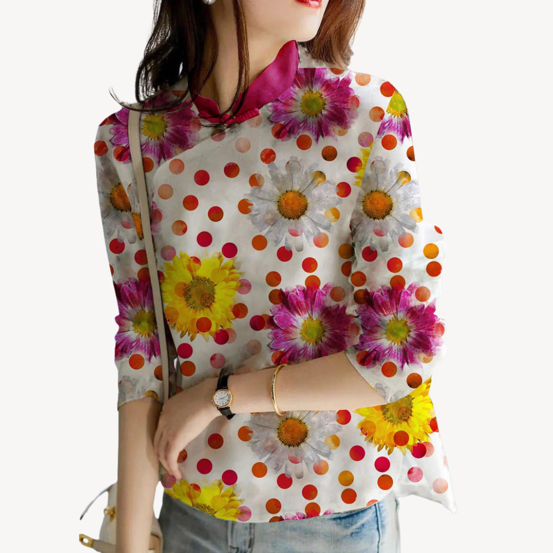Women's Embroidered Linen Blend Mandarin Blouse | Loravelle