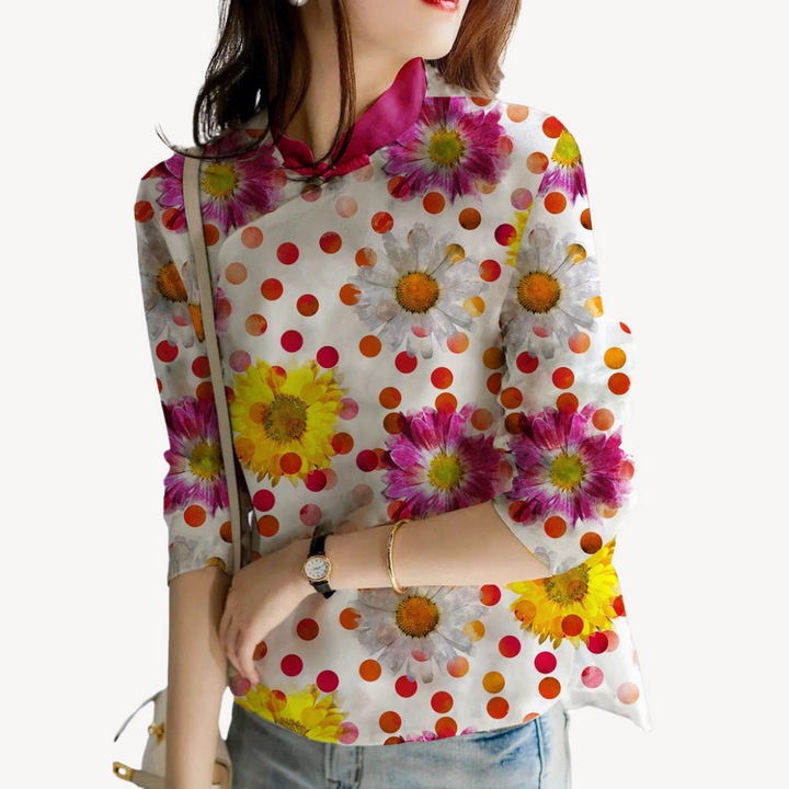 Women's Embroidered Linen Blend Mandarin Blouse | Loravelle