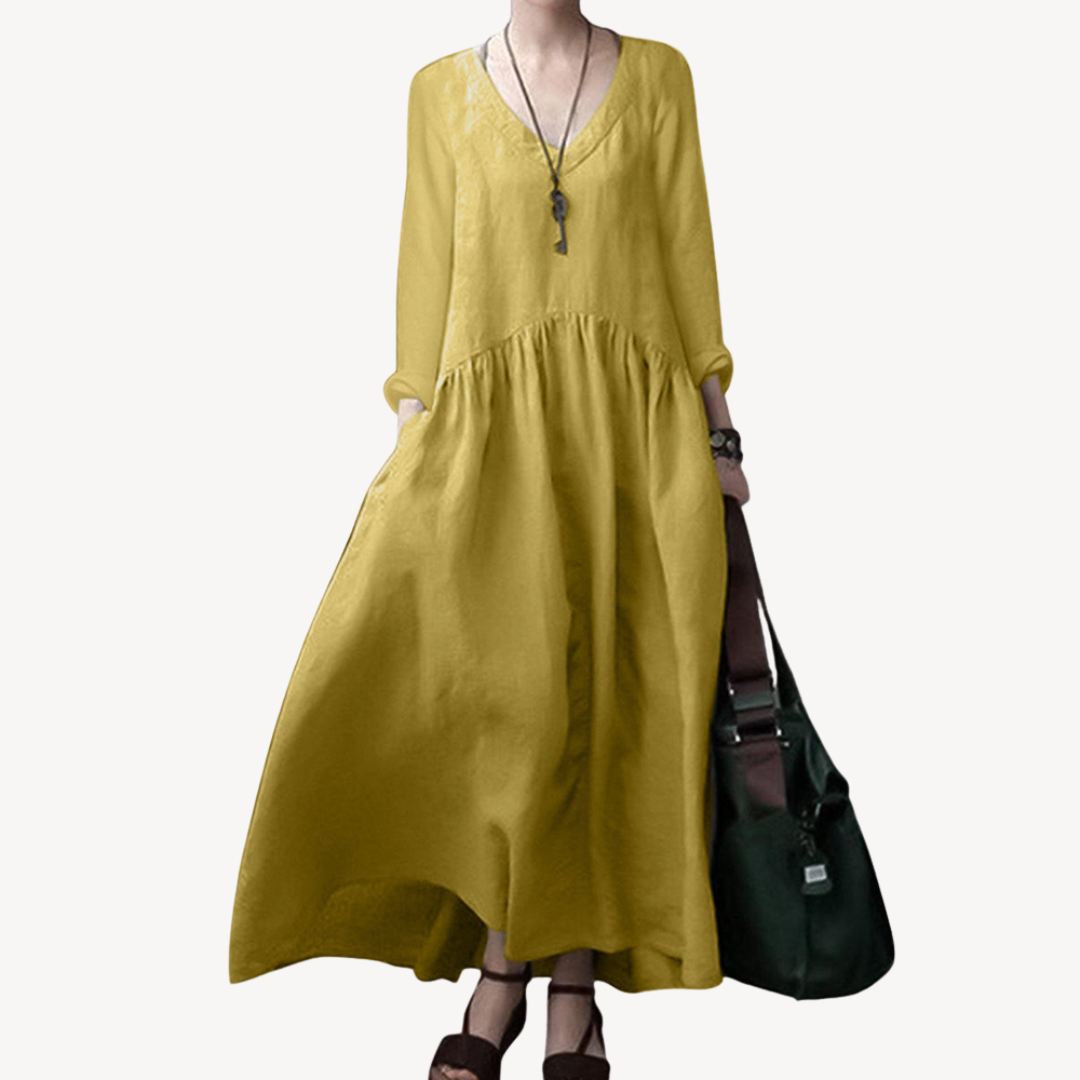 Linen Maxi Dress Women V-Neck Long Sleeve | Loravelle