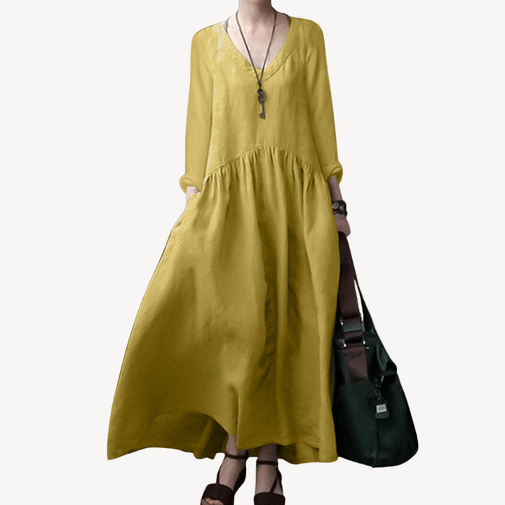 Linen Maxi Dress Women V-Neck Long Sleeve | Loravelle